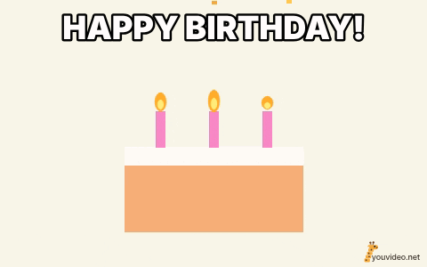 Esempio di GIF di buon compleanno creata con YouVideo: una torta con tre candeline tremolanti e coriandoli che cadono, didascalia HAPPY BIRTHDAY