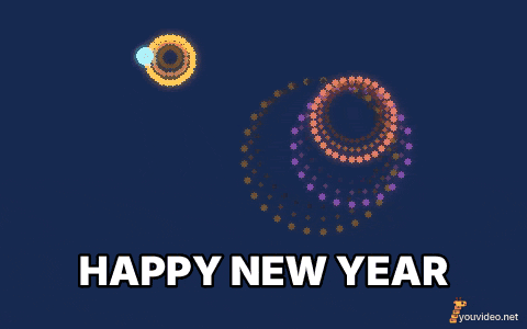 Esempio di GIF di Capodanno creata con YouVideo: fuochi d’artificio colorati che esplodono nel cielo notturno, didascalia HAPPY NEW YEAR