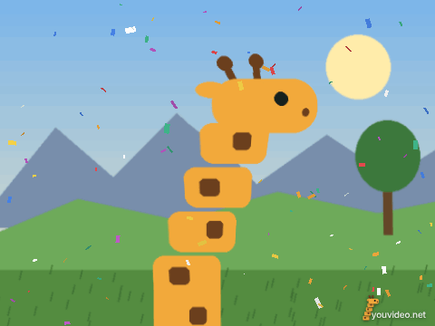 Esempio di foto trasformata in GIF 3D con YouVideo: una giraffa arancione risalta in 3D su un paesaggio mentre i coriandoli cadono davanti e dietro di lei